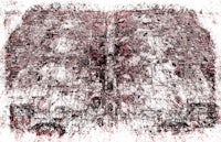 a black and white drawing of a building with blood on it