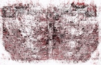an abstract painting with red and white paint on it